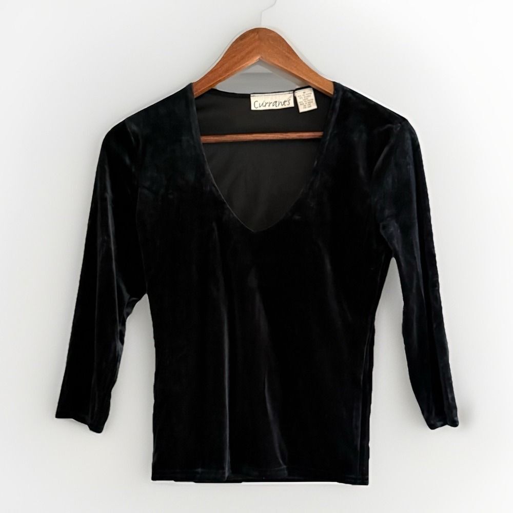 Vintage Currants Y2K Velvet Top Deep V Neck Black Fairy Grunge Whimsigoth Medium